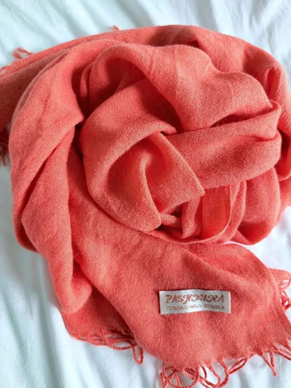 Pashmina Coral Red 70% Pashmina 30% Silk Fringe Scarf Shawl Wrap
